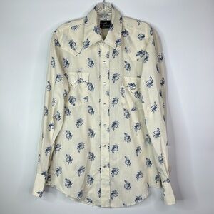 Vintage Champion Westerns Floral Cream Blue Button Down Shirt Size Medium